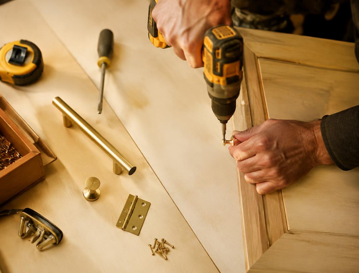 Close-up of a technician drilling brass cabinet hardware