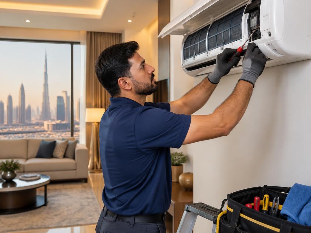 Technician servicing a wall-mounted AC unit
