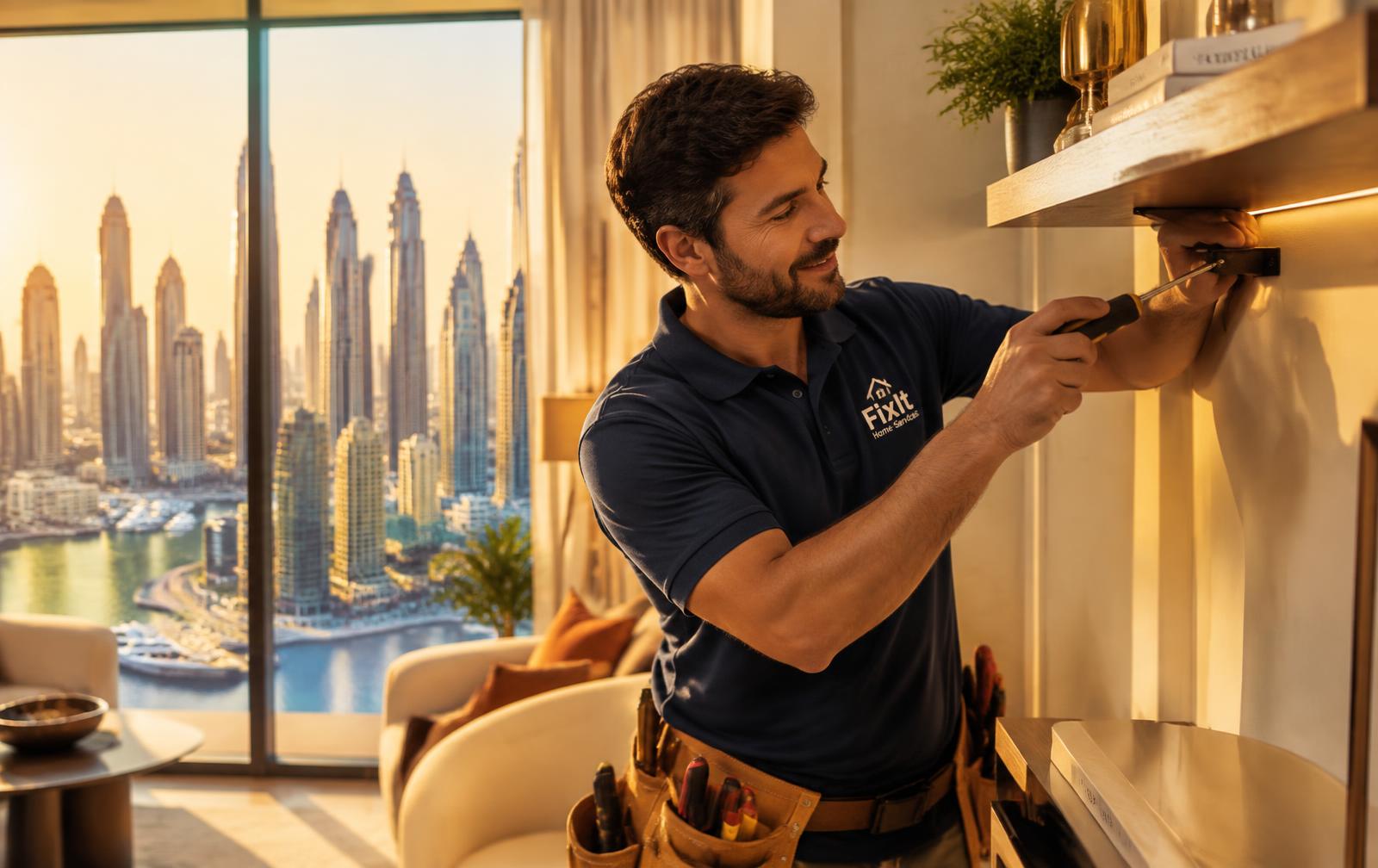 Handyman repairing a shelf in a Dubai apartment with the Marina skyline behind